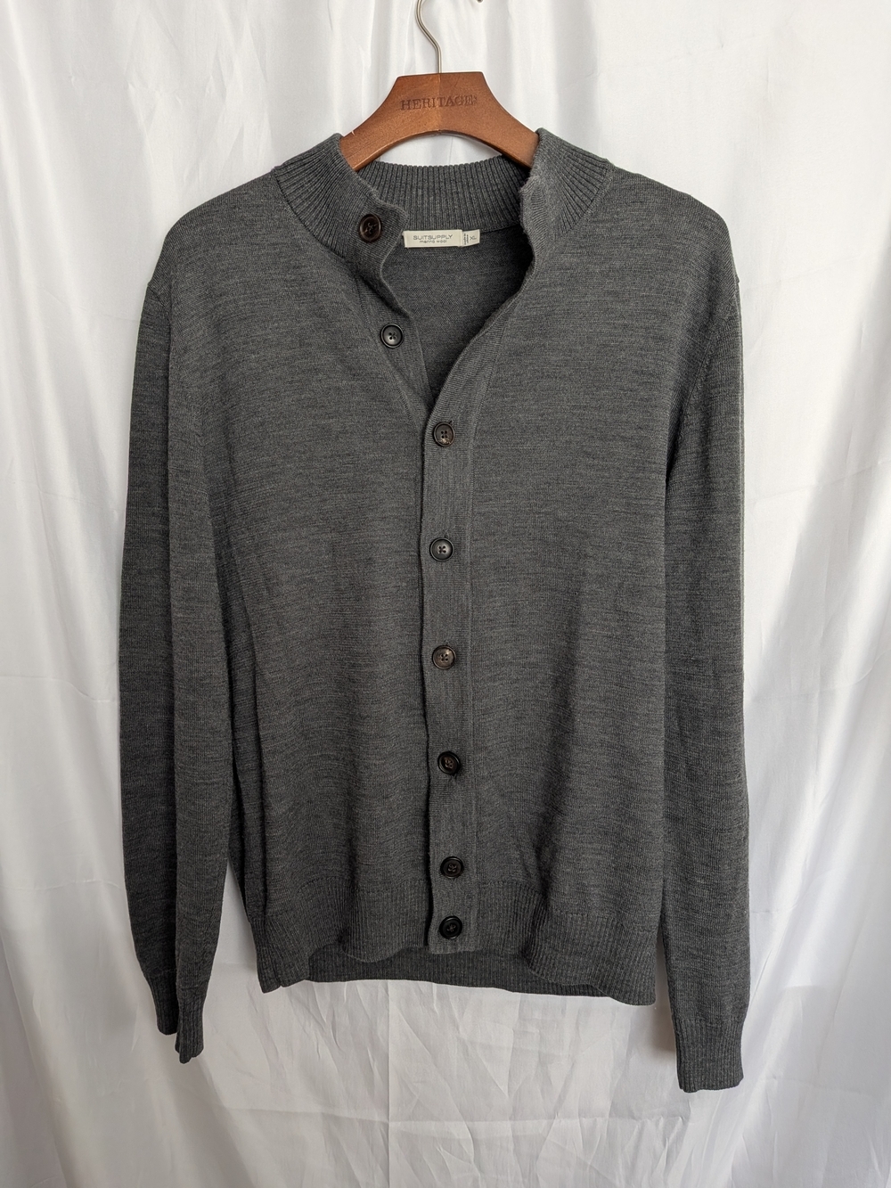 Suitsupply Grey Merino Wool Button-Up Cardigan Size XL